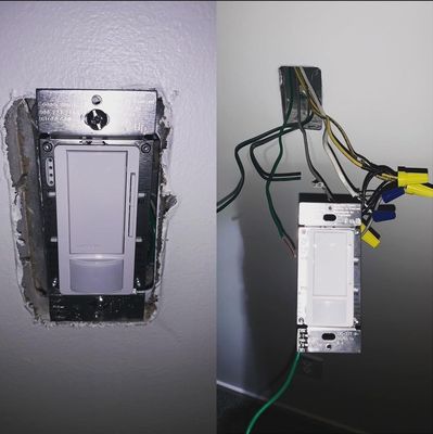 Plugged Electricians ATL — motion-sensor occupancy switch before and after, with behind-wall wire nuts and grounding